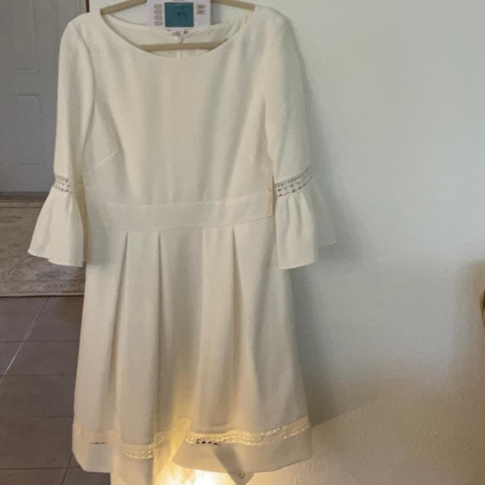 Eliza J Cream A-Line Dress with Pleated Bell Sleeves